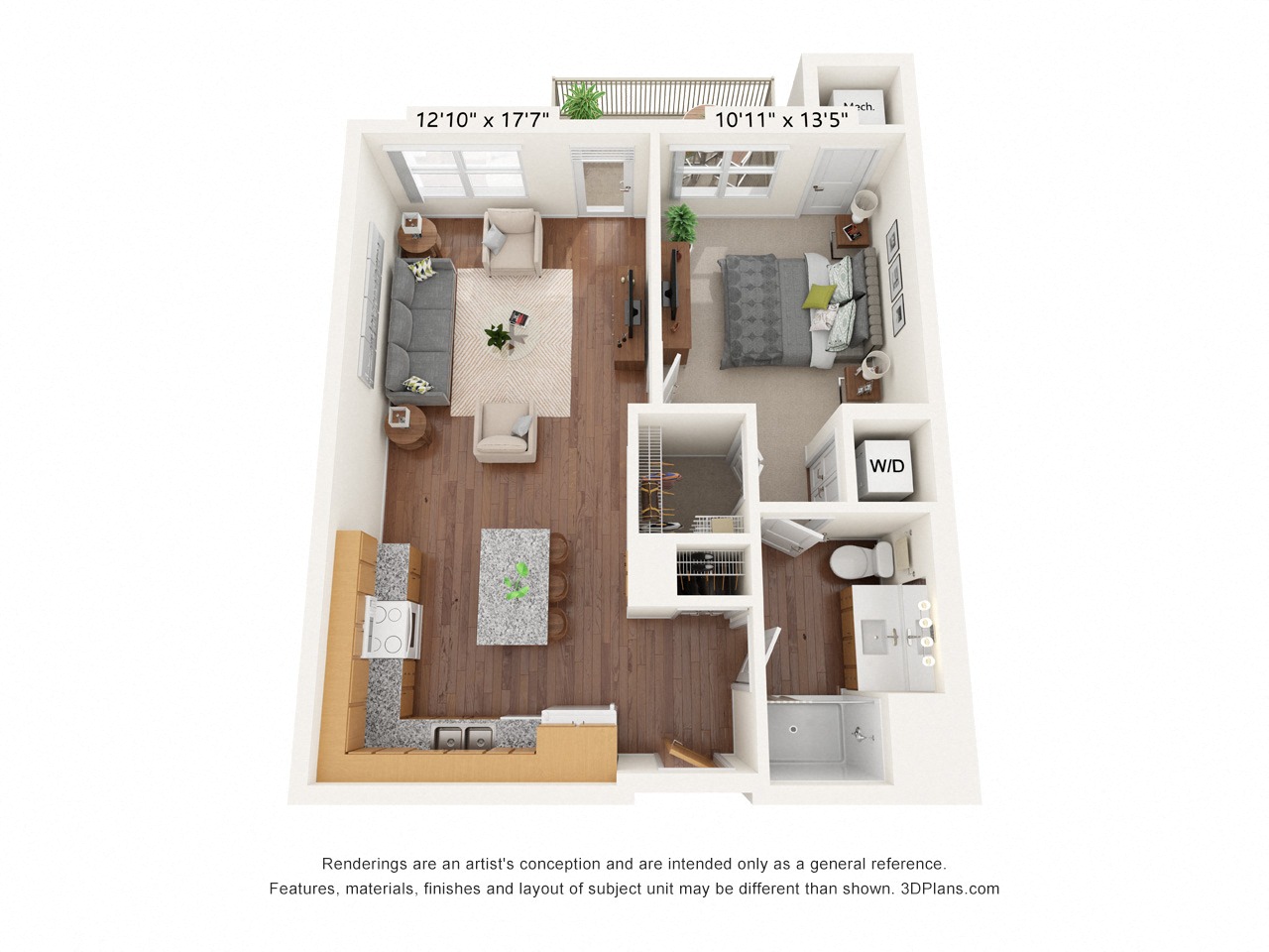 Floor plan for 1 bed, 1 bath, 663 sqft